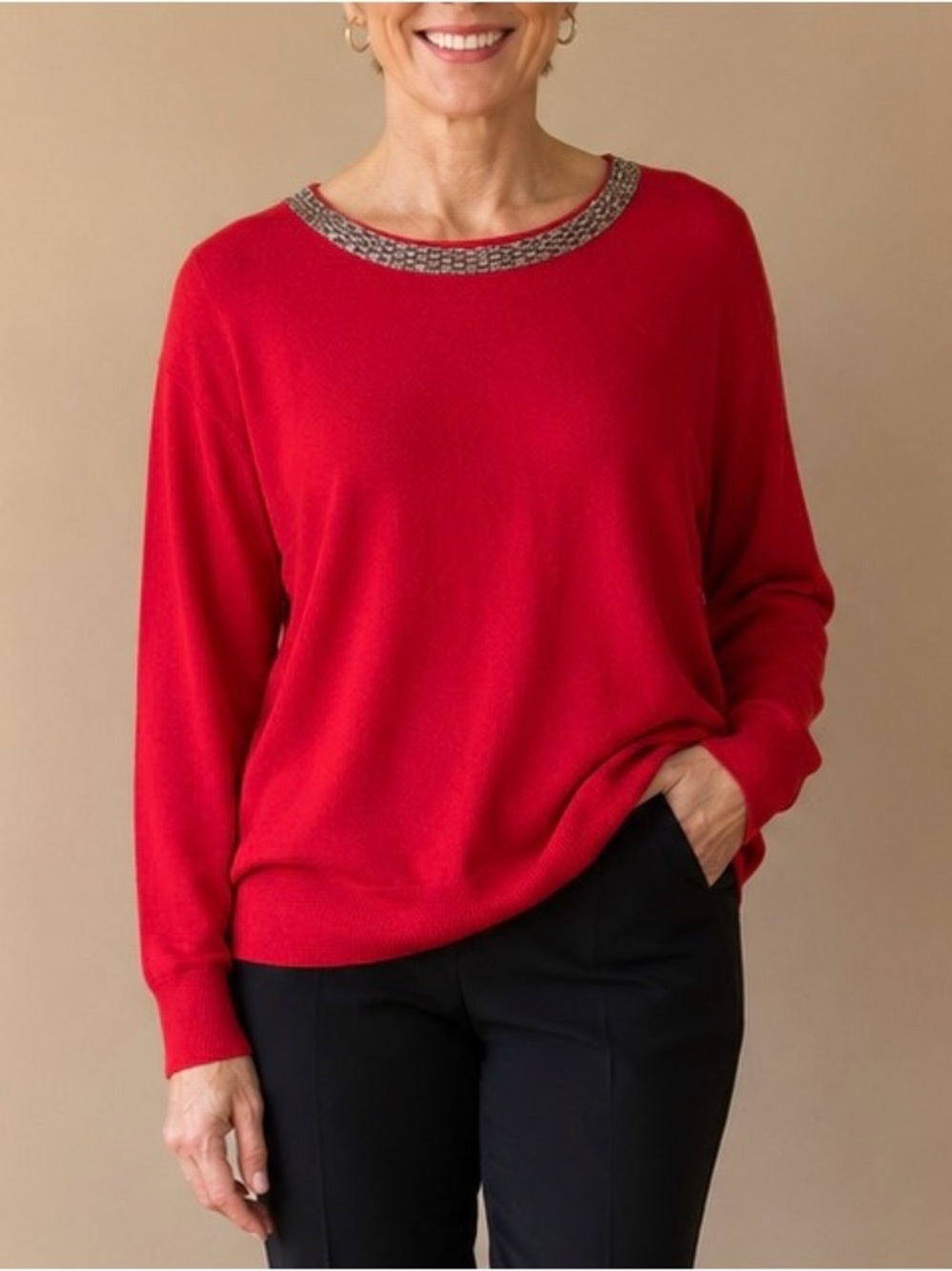 NEW Size XL Liz Claiborne Cabaret Red Jeweled Neck Long Sleeve Keyhole Sweater
